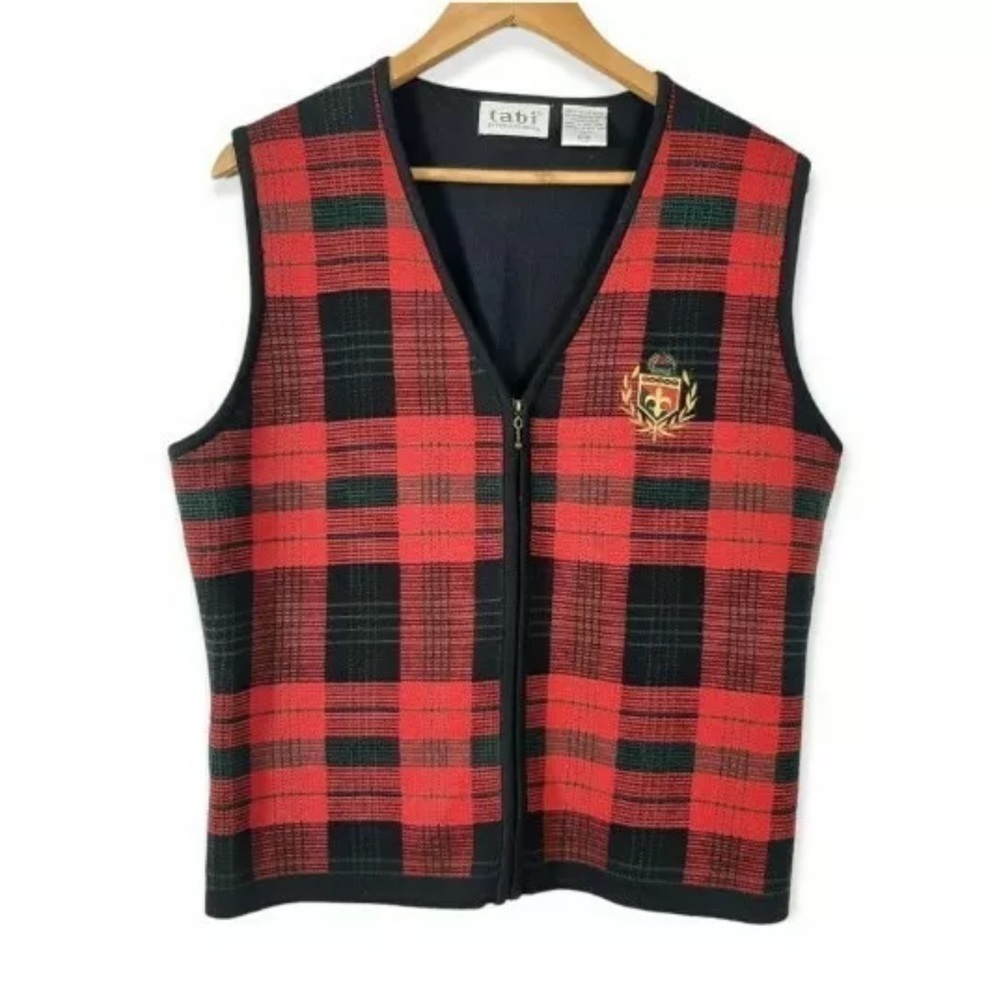 Vintage TABI International Plaid Knit Sweater Vest Large Zipper Hong Kong Crest